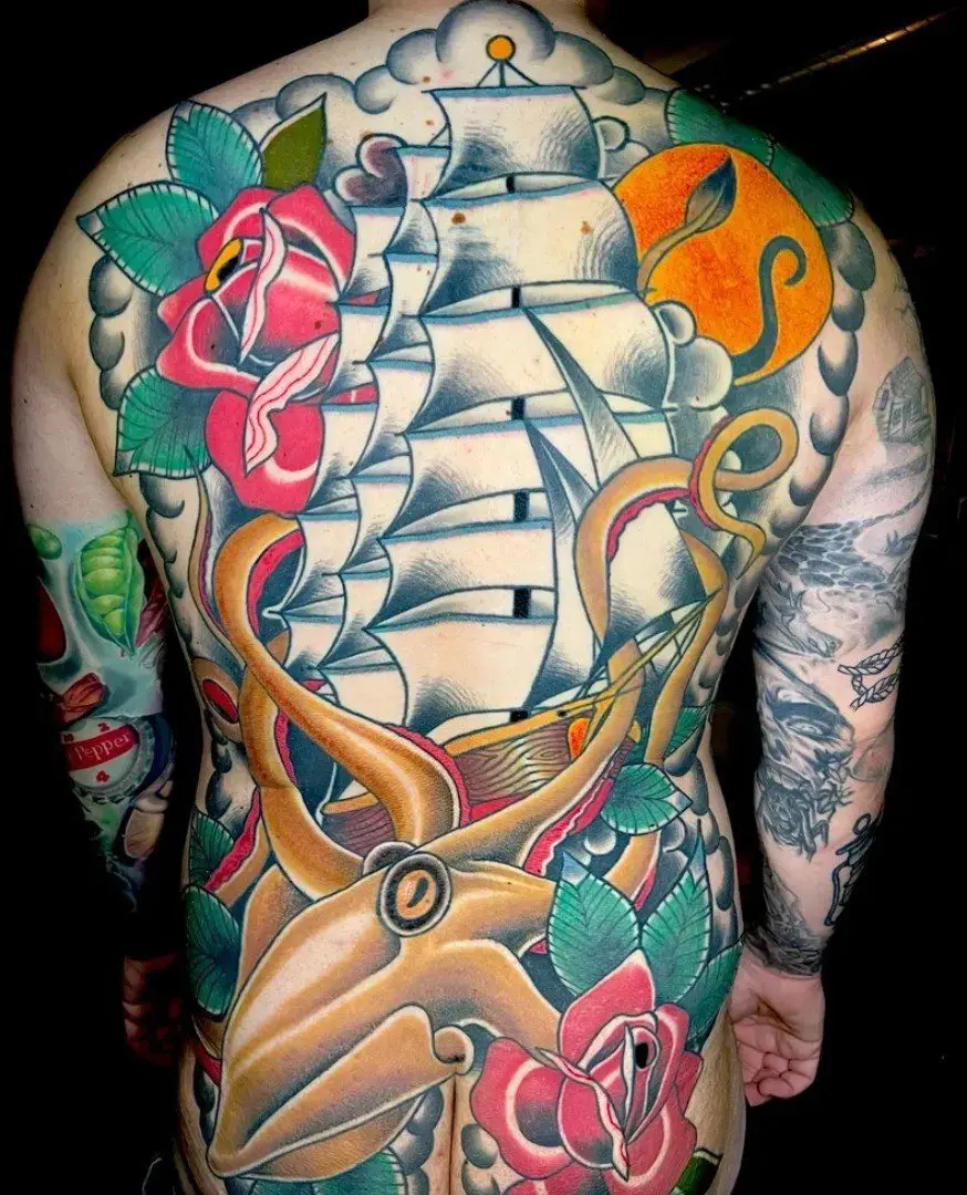Clipper ship backpiece tattoo