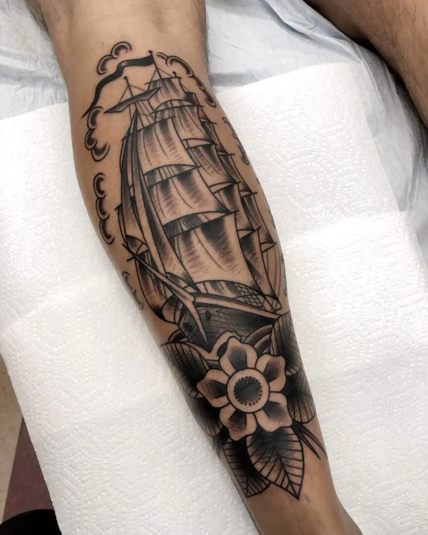 Black and Grey clippership tattoo. American Traditional
