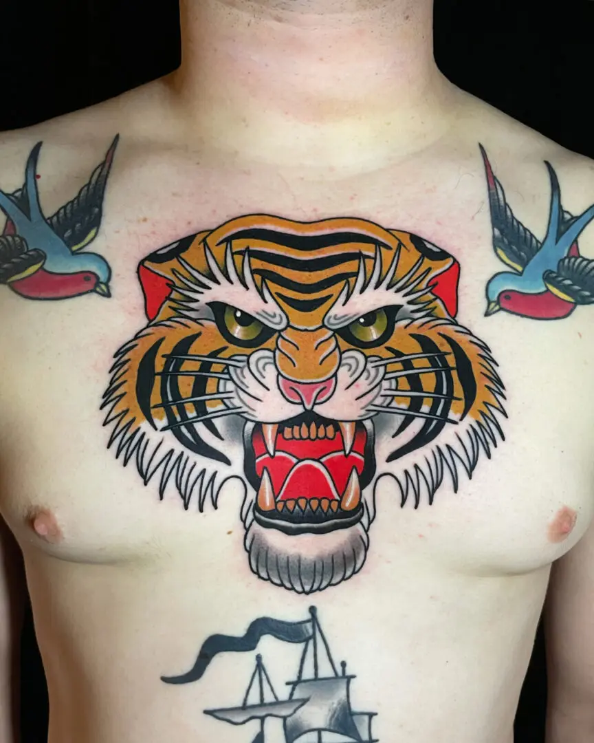 Tiger head tattoo. Best American Traditional Tattoo Artist - Myke Chambers. tiger chest