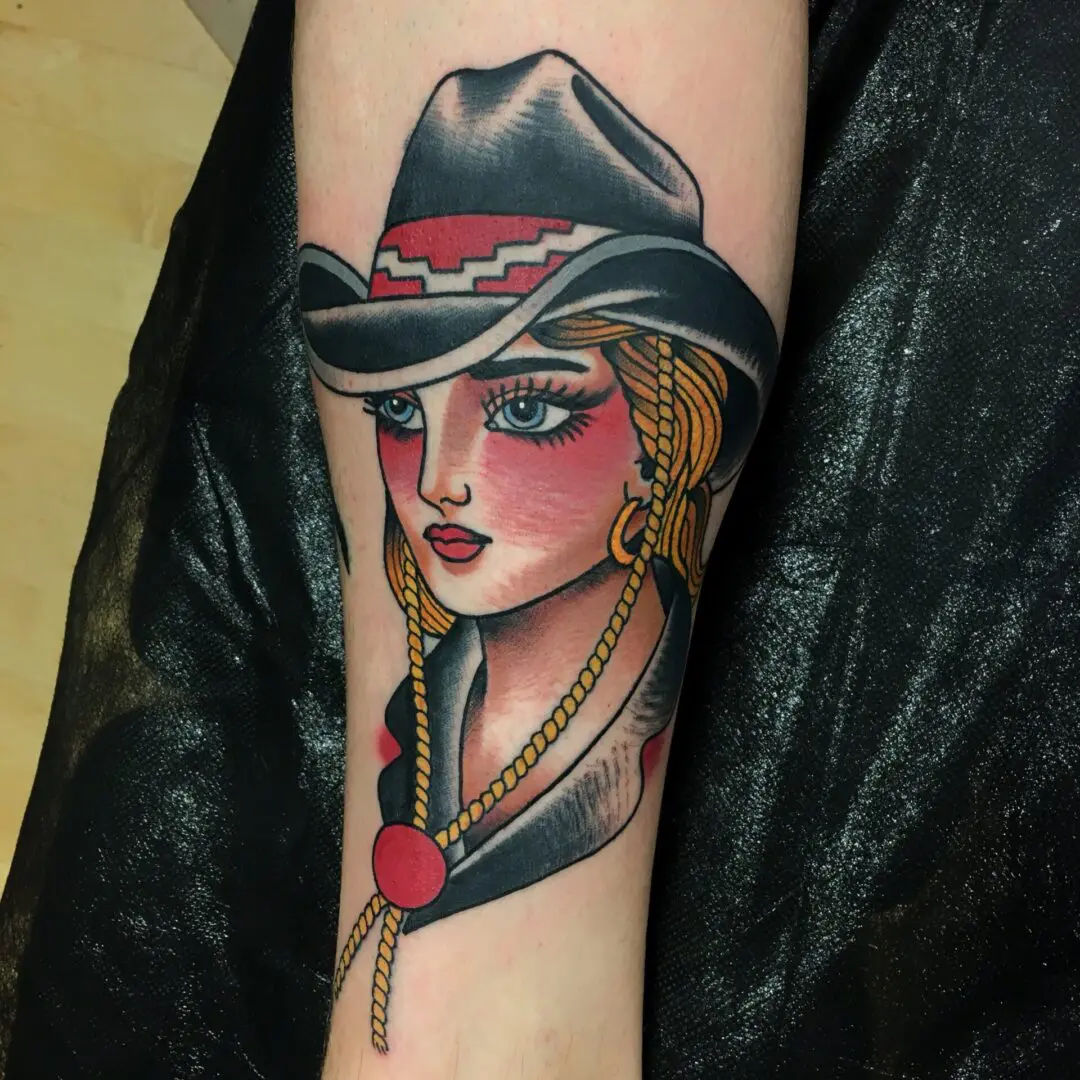 A traditional cowgirl tattoo. Best American Traditional Tattoo Artist - Myke Chambers