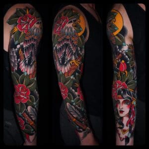 American traditional sleeve tattoo. Eagle, girl head, native. Best American Traditional Tattoo Artist