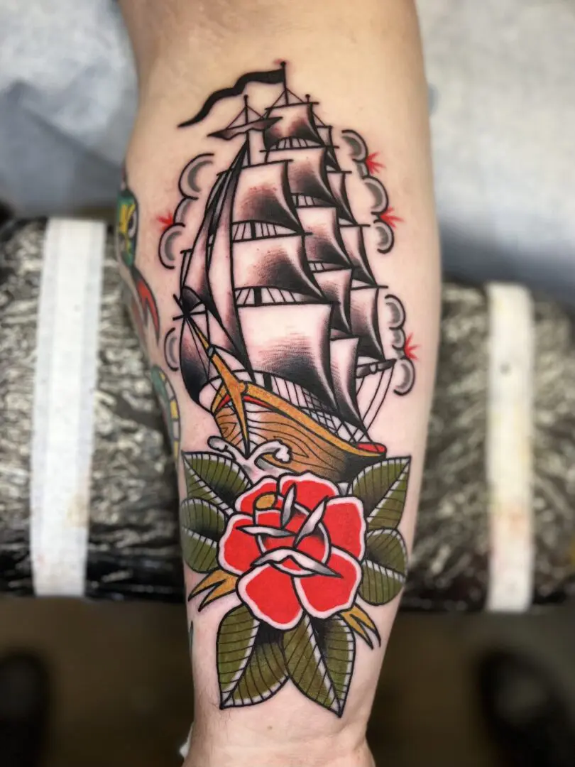 Clipper ship tattoo on the arm. Best American Traditional Tattoo Artist- Myke Chambers