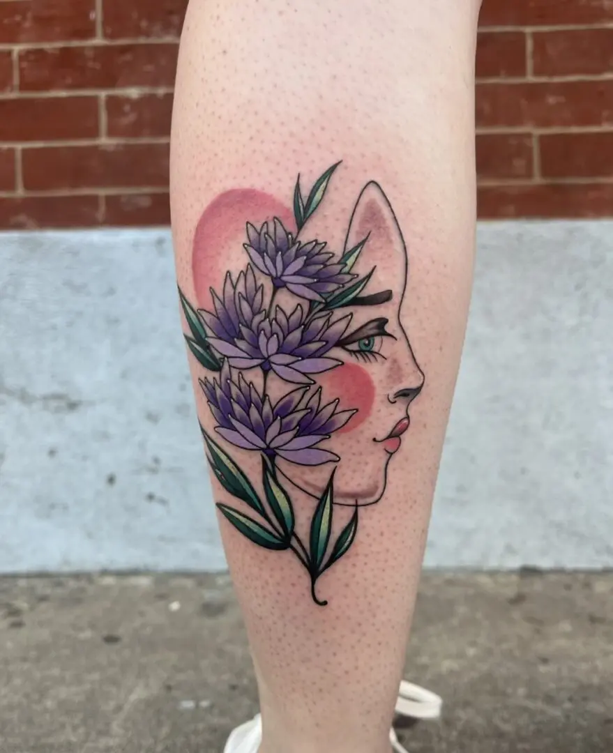 colorful lady face and floral tattoo design