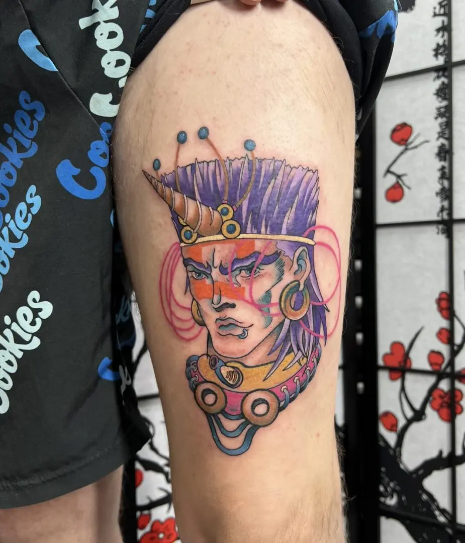 anime tattoo on a thigh rendered in color