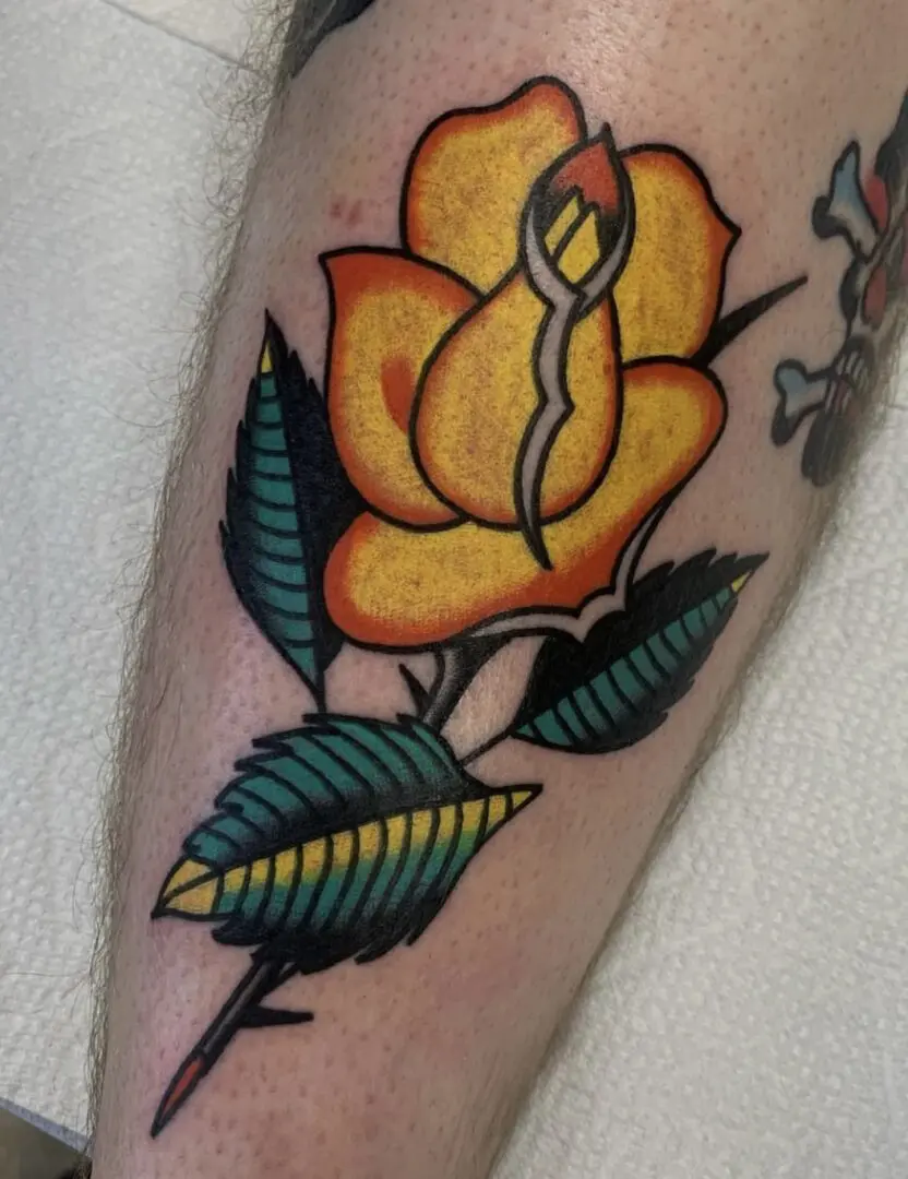 Tradtional Rose tattoo on shin