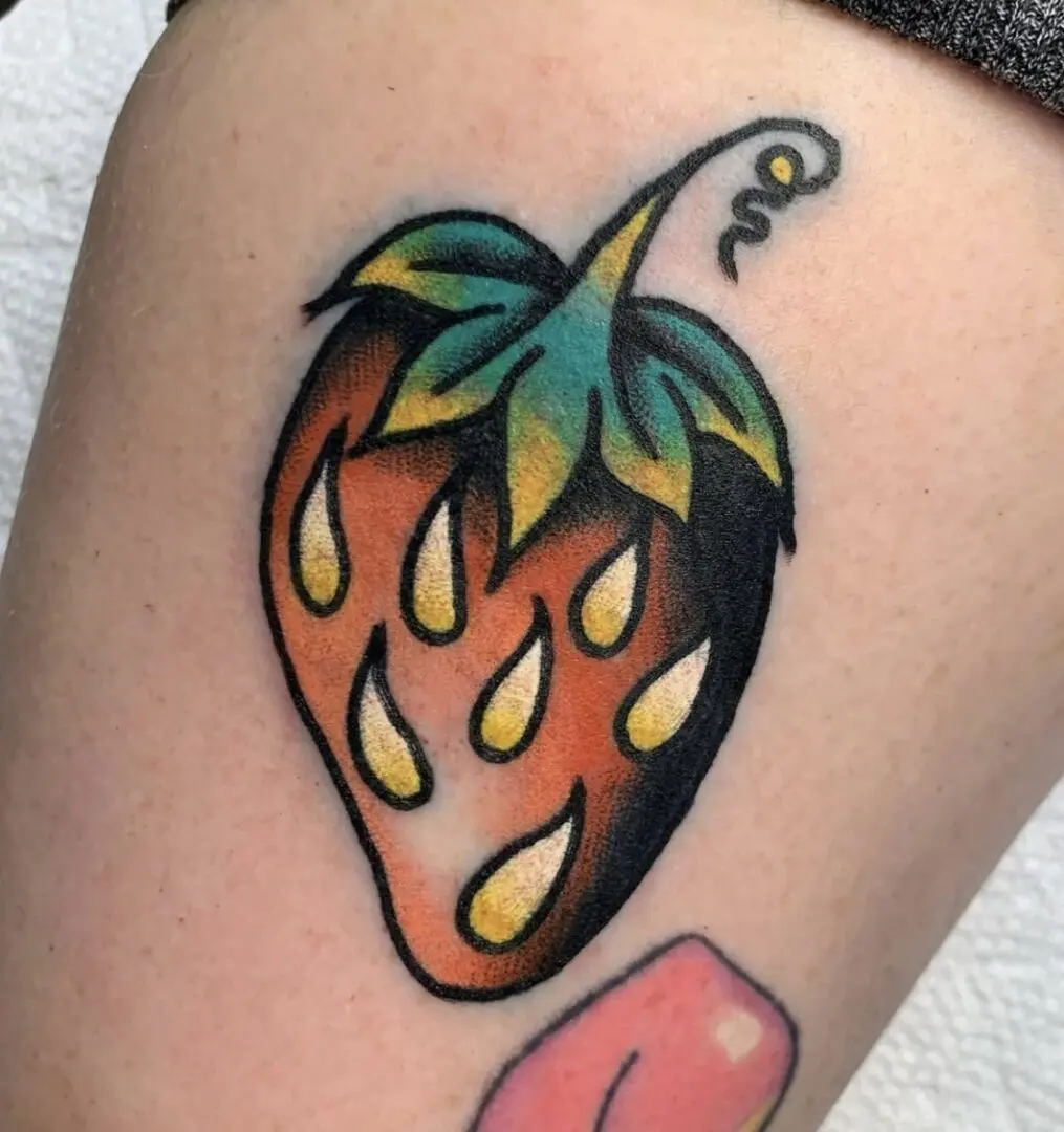 traditional strawberry tattoo made in Philadelphia