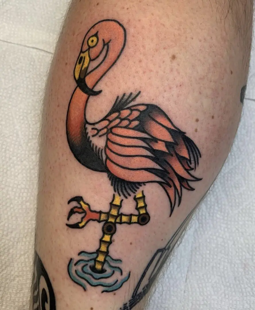 Bold clean traditional flamingo tattoo