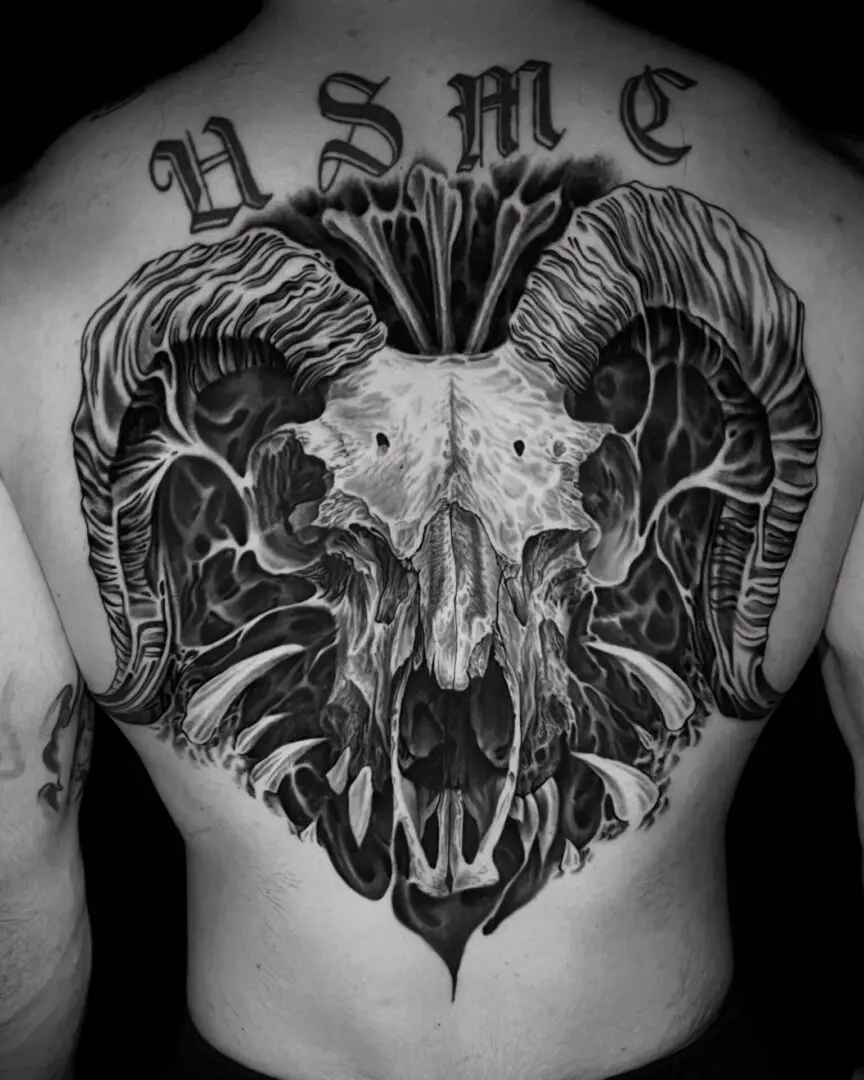 Rams Skull back piece tattoo made by the Best Realism Tattoo artists in Philadelphia